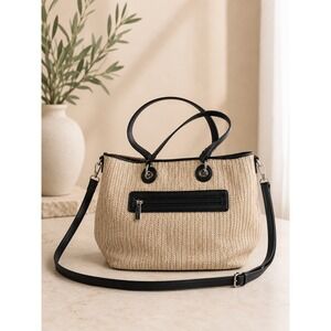 David Jones Paris Woven Straw Tote Bag Black Trim Crossbody Handbag Tan